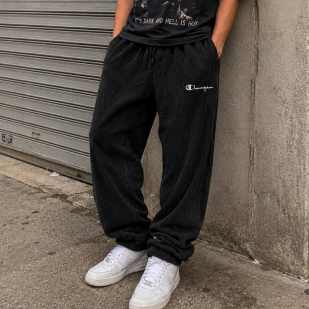 Champion Mens Black Ribbed Jogger Sweatpants XL Y2K Streetwear Embroidered Logo